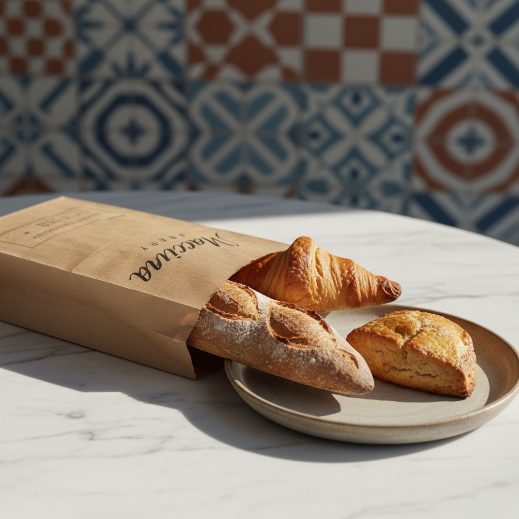 Three baked breads displayed on a plate in front of a brown paper bag with the words 'Marcuva bakery' printed in black. Al...