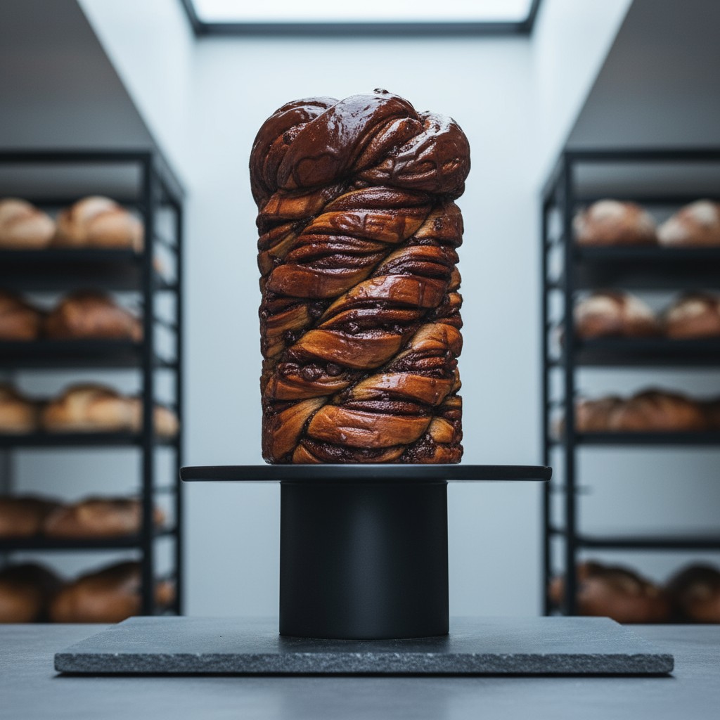 A large, braided bread on a pedestal in a bakery.