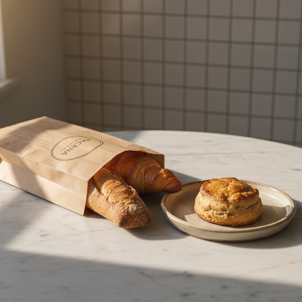 A marble table featuring a paper bag with the inscription "Maceria Artisan" accompanied by two croissants, an additional p...