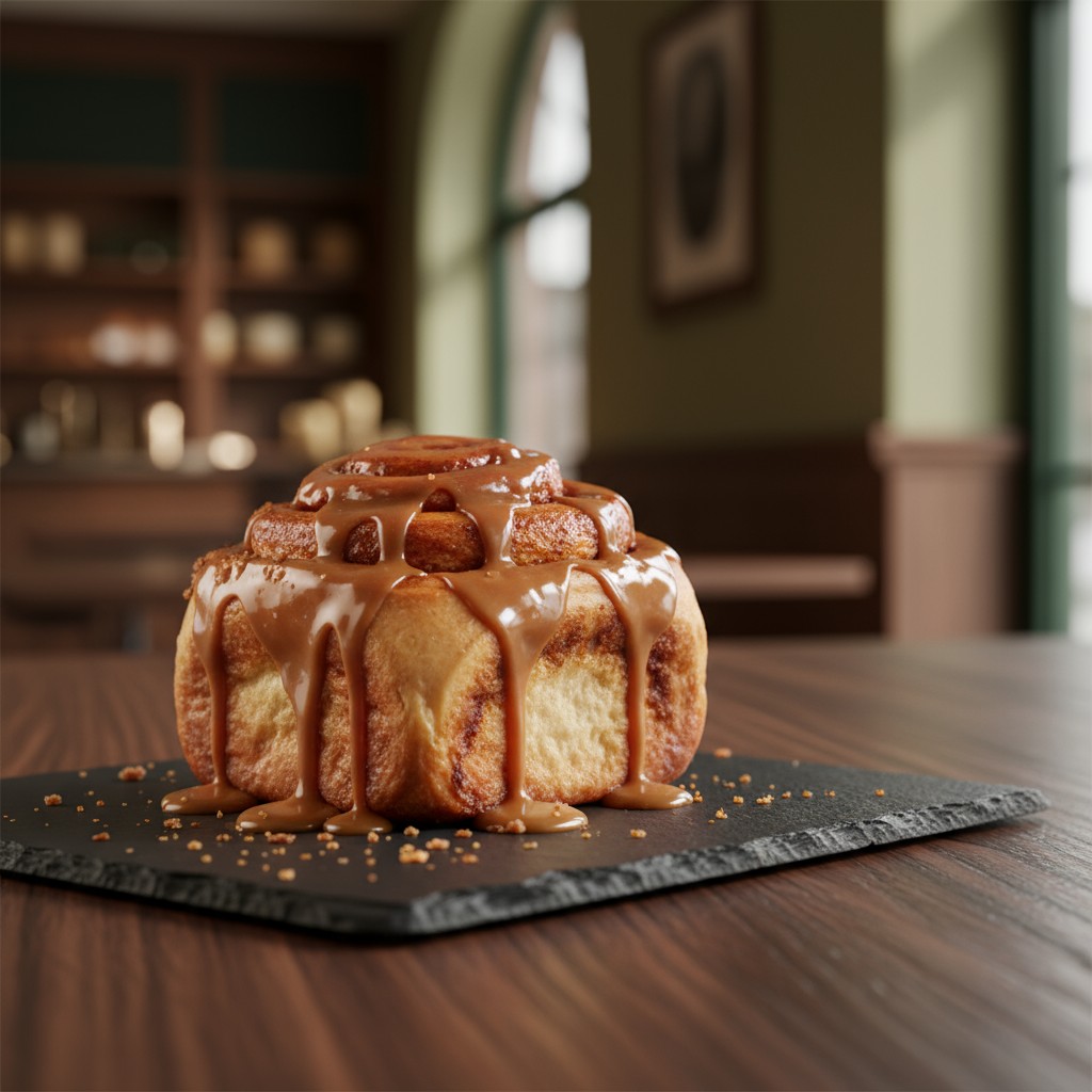 A close-up photo of a cinnamon roll with caramel drizzle on the table in a restaurant.